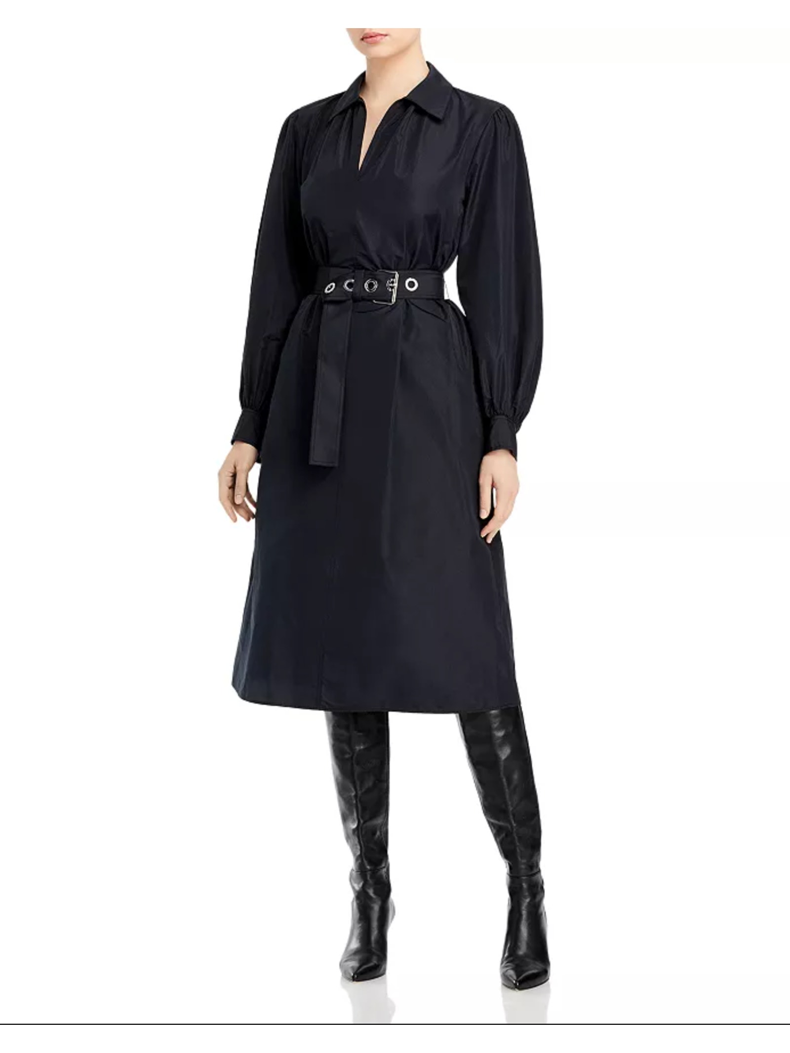 Lafayette 148 New York Porter Belted Dress Medium Long Sleeve Collared Black